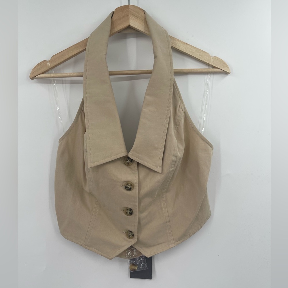 NWT Tan Collared Halter Neck Vest Button Up Crop Top Size Large Sans Souci